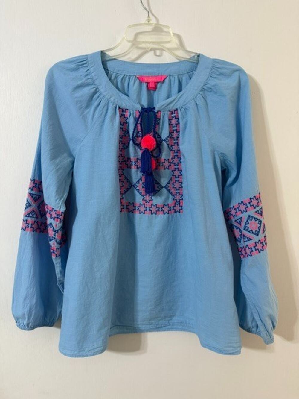 Lilly Pulitzer Women's Cecile Zanzibar Blue Embroidery & Tassel Top - Size S